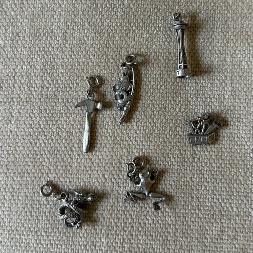 Pewter Silver Tone Charm Lot Tools Hammer Space Needle Dragon Frog Fishing Rod